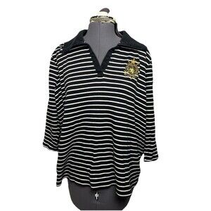Ralph Lauren Women’s Rugby Shirt Black Cream Stripe Crest 3/4 Sleeve Nautical